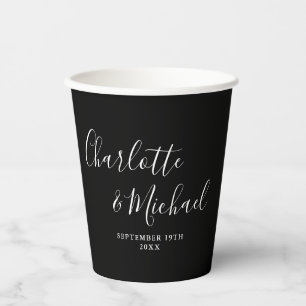 Elegante zwarte en witte handtekening script bruil papieren bekers