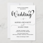 Elegante Zwarte en Witte Hart Script Bruiloft  Kaart (Voorkant)