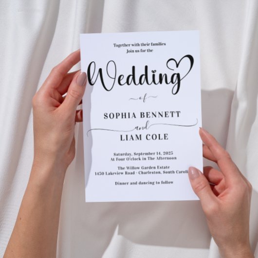 Elegante Zwarte en Witte Hart Script Bruiloft  Kaart