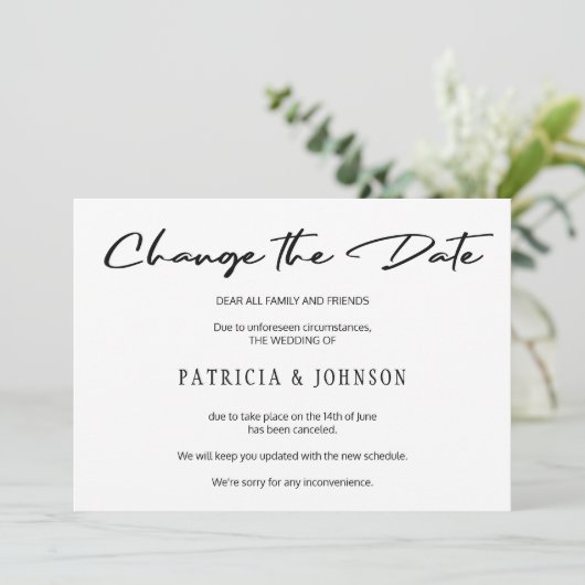 Elegante zwarte en witte huwelijksdatum wijzigen save the date (Staand voorkant)