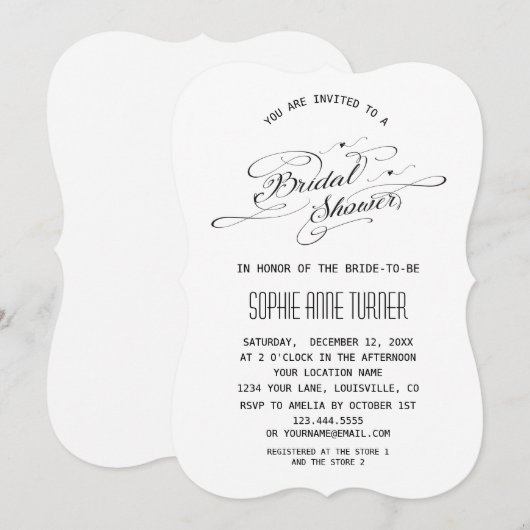 Elegante zwarte en witte kalligrafie bruidsdouche kaart (Voorkant / Achterkant)