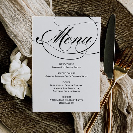 Elegante Zwarte en Witte Kalligrafie Bruiloft Menu