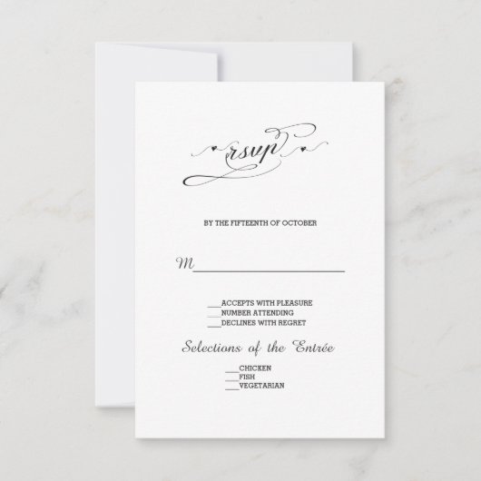 Elegante Zwarte en Witte Kalligrafie Huwelijks RSV RSVP Kaartje (Voorkant)