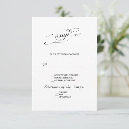 Elegante Zwarte en Witte Kalligrafie Huwelijks RSV RSVP Kaartje (Staand voorkant)