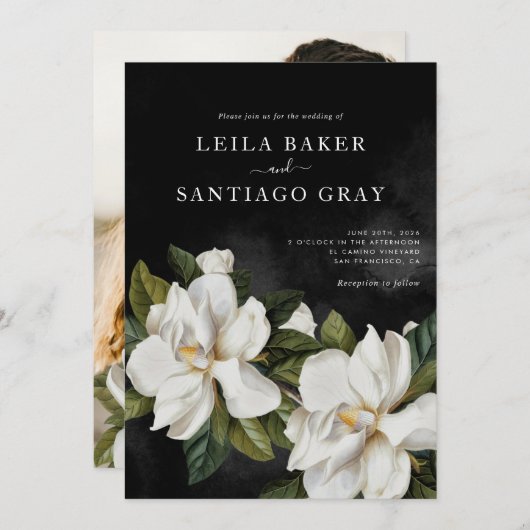 Elegante zwarte en witte Magnolia trouwkaart (Voorkant / Achterkant)