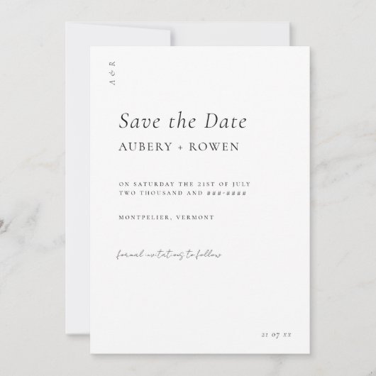 Elegante zwarte en witte minimalistische eenvoudig save the date (Voorkant)