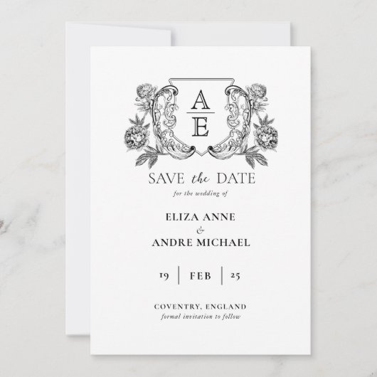 Elegante zwarte en witte monogram blad wapen trouw save the date (Voorkant)