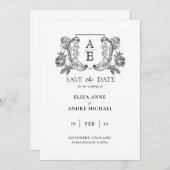 Elegante zwarte en witte monogram blad wapen trouw save the date (Voorkant / Achterkant)