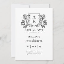 Elegante zwarte en witte monogram blad wapen trouw