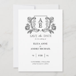 Elegante zwarte en witte monogram blad wapen trouw save the date