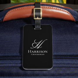 Elegante zwarte en witte monogram bruidsjonker bagagelabel