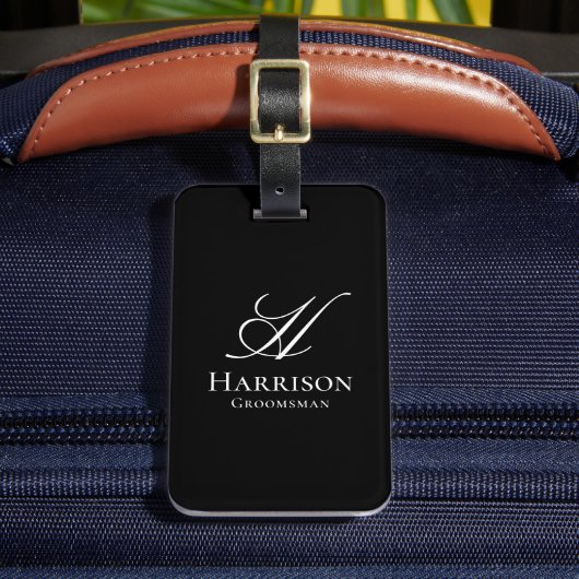 Elegante zwarte en witte monogram bruidsjonker bagagelabel (Voorkant Insitu 2)