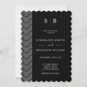 Elegante zwarte en witte monogram kant bruiloft kaart (Voorkant)