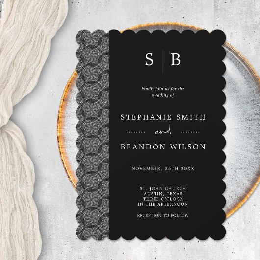 Elegante zwarte en witte monogram kant bruiloft kaart