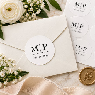 Elegante zwarte en witte monogram trouwsticker ronde sticker