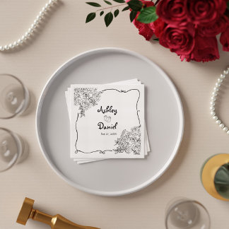 Elegante Zwarte en Witte Mooie Bloemrijke Doodle B Servet