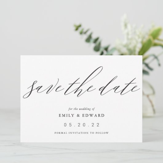 Elegante zwarte en witte niet-fotografische bruilo save the date (Staand voorkant)