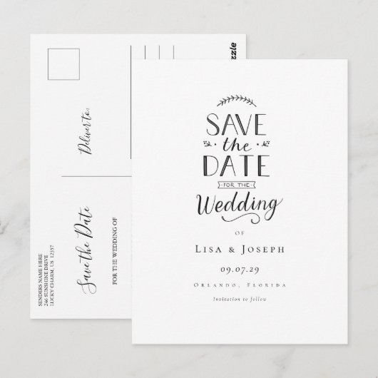 Elegante zwarte en witte 'Save the Date' Briefkaart (Voorkant / Achterkant)