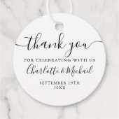 Elegante zwarte en witte script bedankingsbruiloft bedankjes labels (Achterkant)