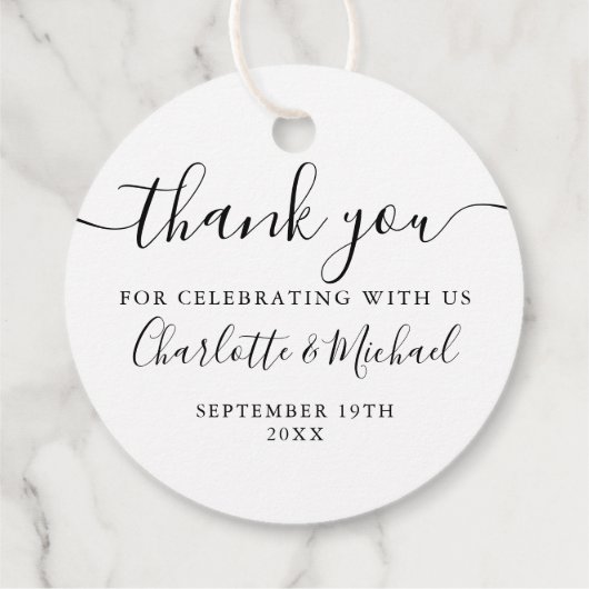 Elegante zwarte en witte script bedankingsbruiloft bedankjes labels (Achterkant)
