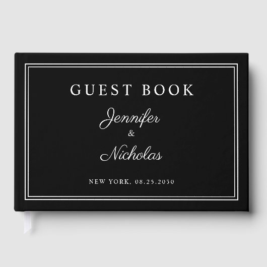 Elegante Zwarte En Witte Script Bruiloft Gastenboek (Voorkant)