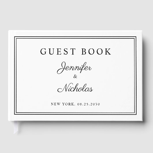 Elegante Zwarte En Witte Script Bruiloft Gastenboek (Voorkant)