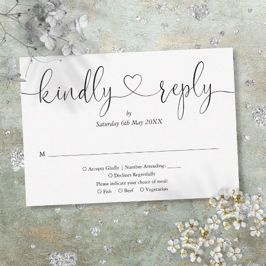 Elegante zwarte en witte script hart vriendelijke RSVP kaartje