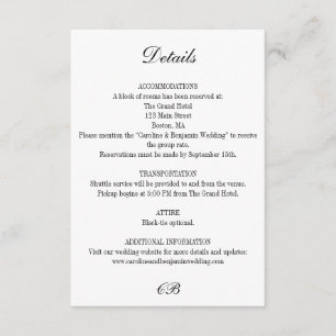 Elegante zwarte en witte script monogram trouwkaar informatiekaartje