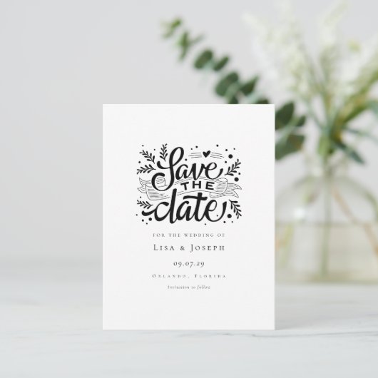 Elegante zwarte en witte script save-the-date aankondigingskaart (Staand voorkant)