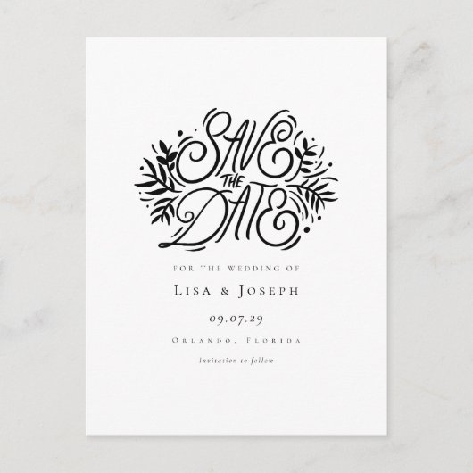 Elegante zwarte en witte script save-the-date aankondigingskaart (Voorkant)