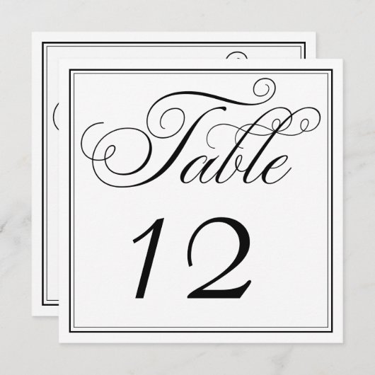 Elegante zwarte en witte script tafelnummerkaarten kaart (Voorkant / Achterkant)