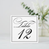 Elegante zwarte en witte script tafelnummerkaarten kaart (Staand voorkant)
