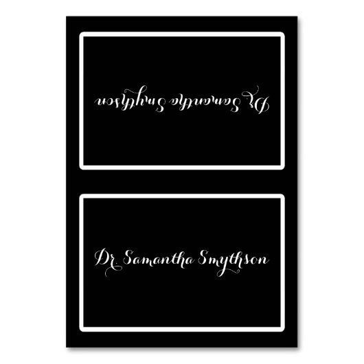 Elegante Zwarte en Witte Script Tentvormige Zitpla Kaart (Voorkant)