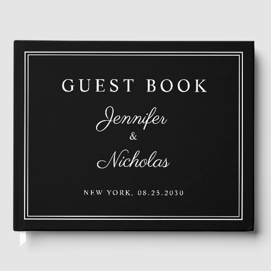 Elegante Zwarte En Witte Scriptie Bruiloft Gastenboek (Voorkant)