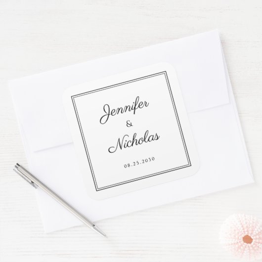 Elegante zwarte en witte scriptie bruiloft vierkante sticker (Envelop)