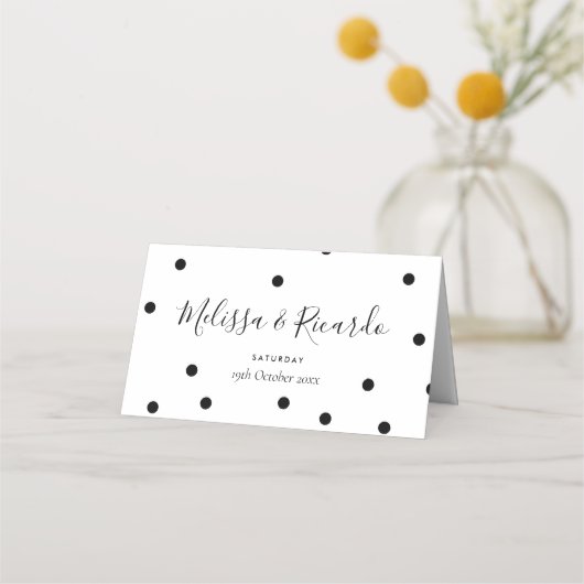 Elegante Zwarte en Witte Stippen Bruiloft Plaatskaartje (Achterkant)