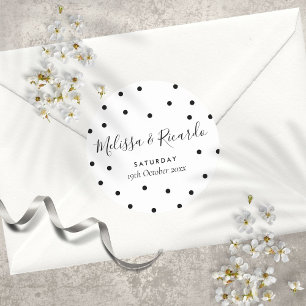 Elegante Zwarte en Witte Stippen Bruiloft Ronde Sticker