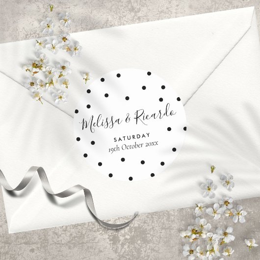 Elegante Zwarte en Witte Stippen Bruiloft Ronde Sticker