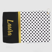Elegante Zwarte en Witte Stippen Gouden Script Naa Golfhanddoek (Horizontaal)