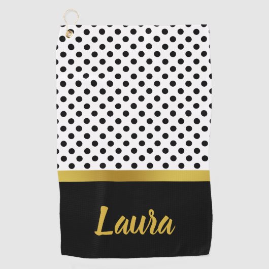 Elegante Zwarte en Witte Stippen Gouden Script Naa Golfhanddoek (Voorkant)