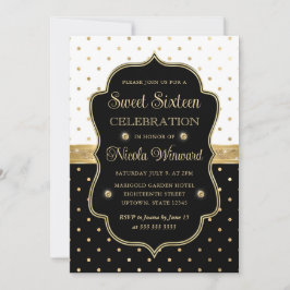Elegante Zwarte en Witte Stippen Sweet Sixteen Kaart