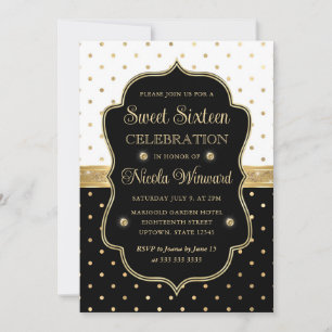 Elegante Zwarte en Witte Stippen Sweet Sixteen Kaart