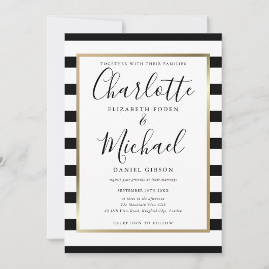 Elegante Zwarte En Witte Streep Script Gouden Trou Kaart (Voorkant)