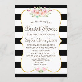 Elegante zwarte en witte strepen bloem bruidsdouch kaart