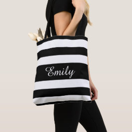 Elegante Zwarte En Witte Strepen Naam Tote Bag