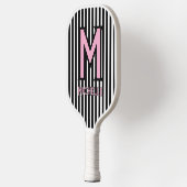 Elegante zwarte en witte strepen roze script monog pickleball paddle (Links)