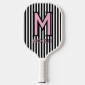 Elegante zwarte en witte strepen roze script monog pickleball paddle (Achterkant)