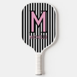 Elegante zwarte en witte strepen roze script monog pickleball paddle