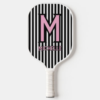 Elegante zwarte en witte strepen roze script monog pickleball paddle