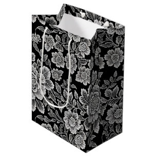 Elegante zwarte en witte toile bloemendamask medium cadeauzakje